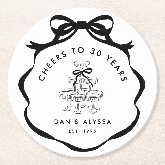 Black Coquette Bow Cheers Champagne Tower Round Paper Coaster (Front)