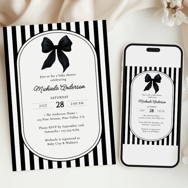 Black Coquette Bow Gender-Neutral Baby Shower Invitation (Creator Uploaded)