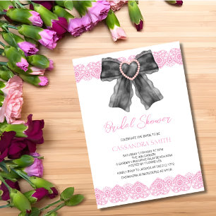 Black Coquette Bow Pink Lace Bridal Shower  Invitation