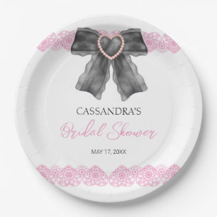 Black Coquette Bow Pink Lace Bridal Shower  Paper Plate