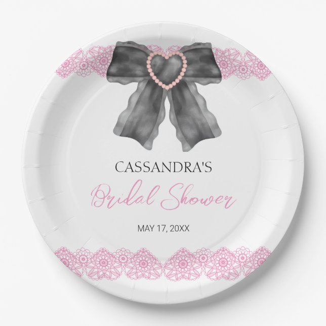 Black Coquette Bow Pink Lace Bridal Shower  Paper Plate (Front)