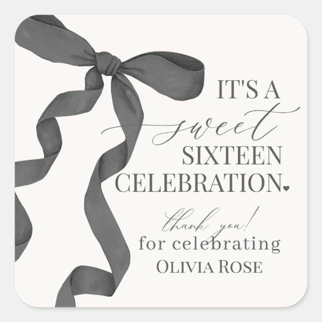 Black Coquette Bow Sweet 16 Birthday Party Favour Square Sticker (Front)