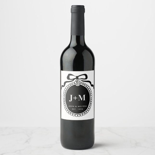 Black Coquette Monogram Charm  Wine Label (Front)
