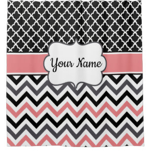 Black Coral Chevron Monogram Shower Curtain