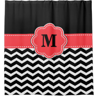 Black Coral chevron Monogram Shower Curtain