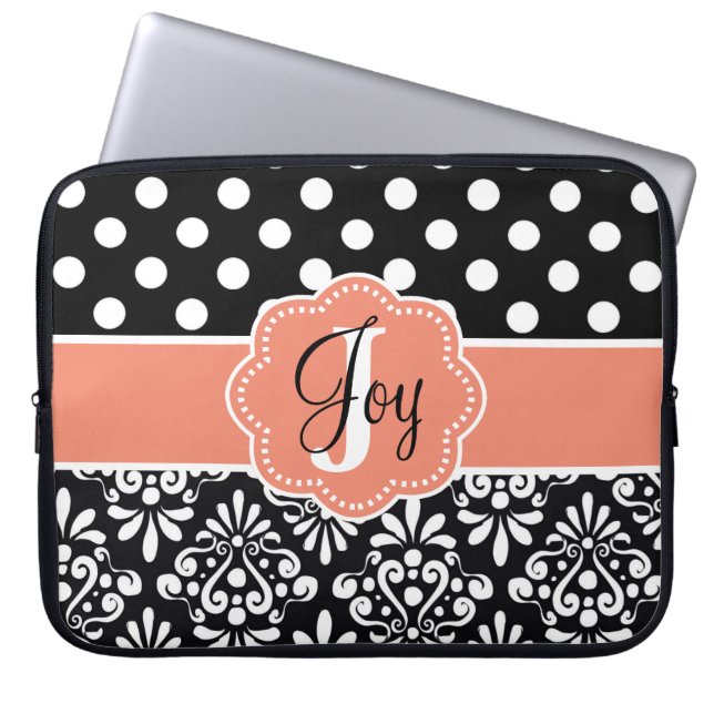 Black Coral Damask Monogram Laptop Sleeve (Front)