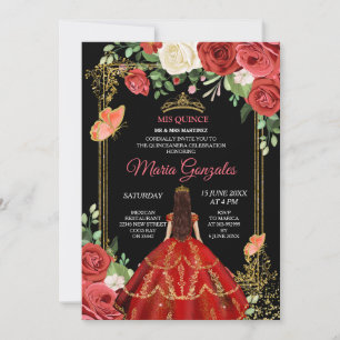 Black Coral Mexican Flowers Quinceañera Invite
