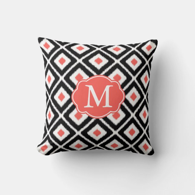 Black, Coral, White Ikat Diamond Pattern Cushion (Front)
