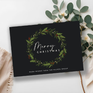 BLACK CORPORATE CHIC HOLLY BERRY WREATH CHRISTMAS HOLIDAY CARD