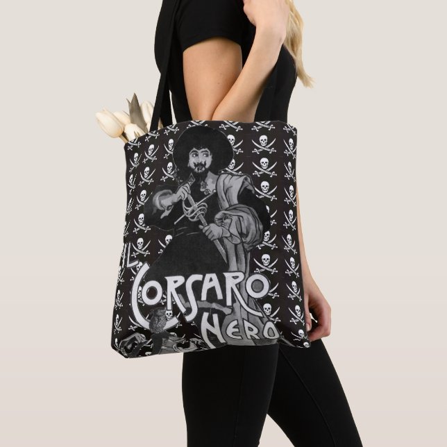 BLACK CORSAIR Black White Pirate Flag Skull Swords Tote Bag (Close Up)