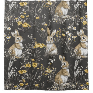 Black Cottagecore Rabbit Floral Toile Pattern Shower Curtain