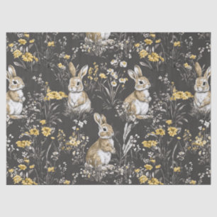 Black Cottagecore Rabbit Floral Toile Pattern Tissue Paper