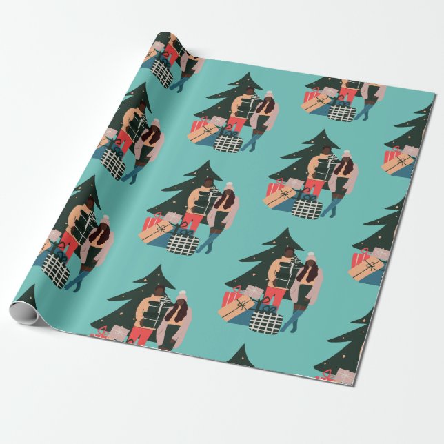 Black Couple First Christmas  Wrapping Paper (Unrolled)