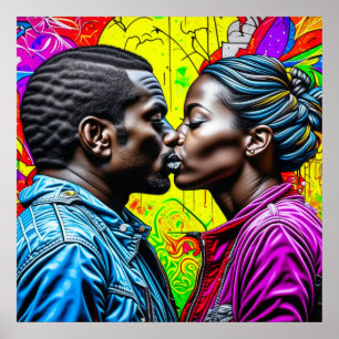Black Couple Kissing in Love Poster