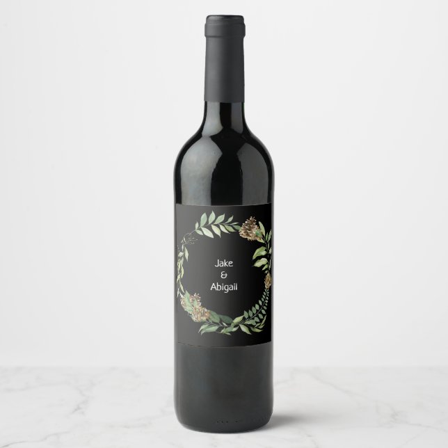 Black Couple Names Fall Foliage Pine Cones Wedding Wine Label (Front)