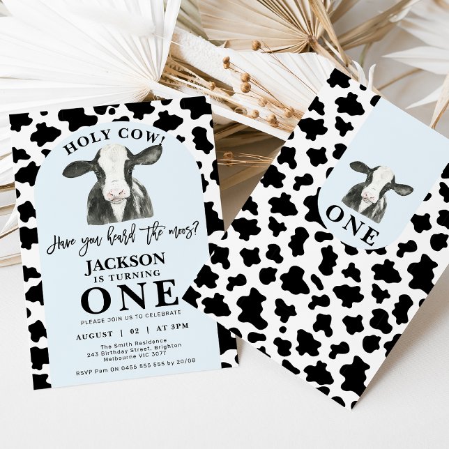 Black Cow Print Blue Arch Holy Cow 1st Birthday Invitation (Modern black and white cow and cow print holy cow 1st birthday invitation also featuring a blue arch)