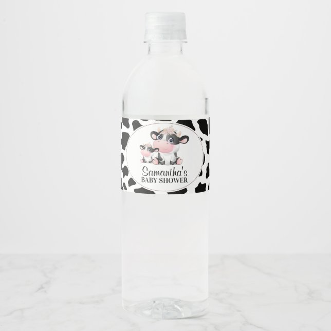 Black Cow Print Cute Cow Calf Baby Shower  Water Bottle Label (Front)