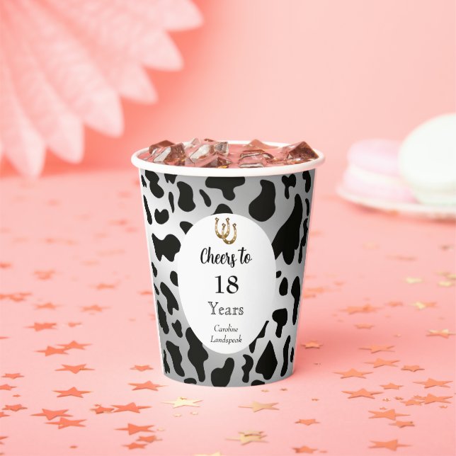 Black Cow Prints, Silver & Gold Horseshoe Birthday Paper Cups (Insitu)