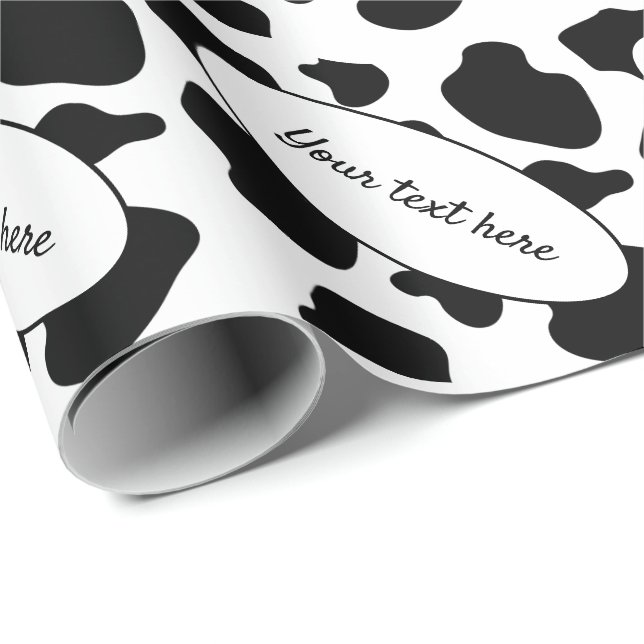 Black cow spots animal print pattern personalised wrapping paper (Roll Corner)