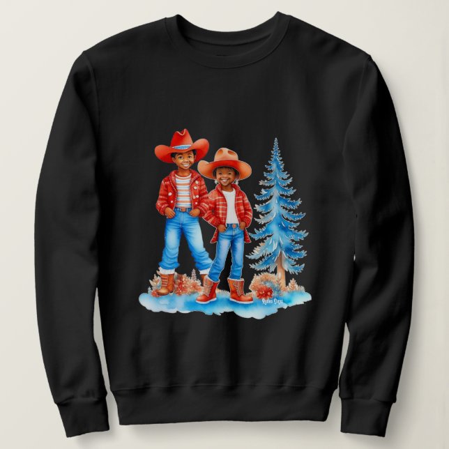 Black Cowboy Cowgirl Couple Winter Christmas Scene Sweatshirt (Design Front)