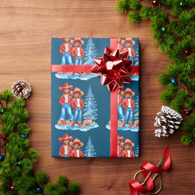 Black Cowboy Cowgirl Couple Winter Christmas Scene Wrapping Paper (Holiday Gift)