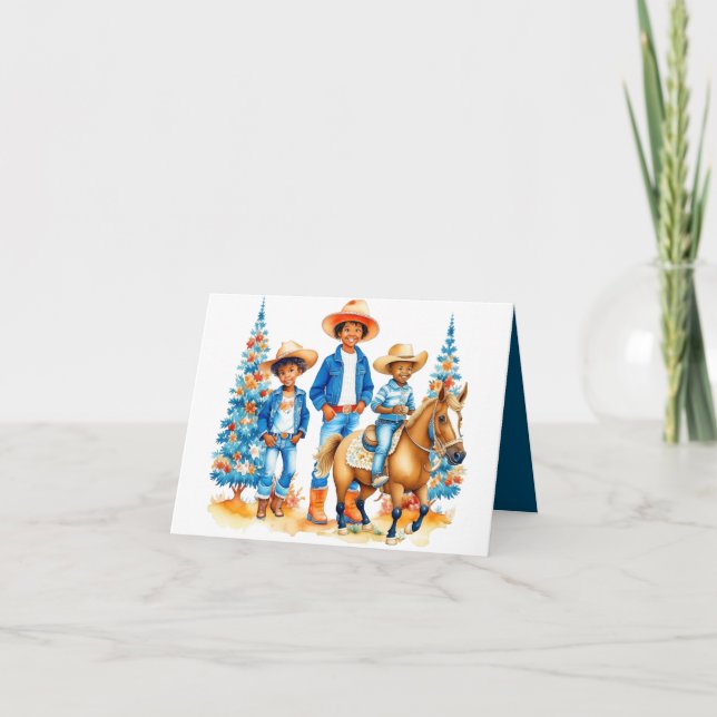 Black Cowboy Cowgirl Kids With Horse Merry Christm Holiday Card (Front)