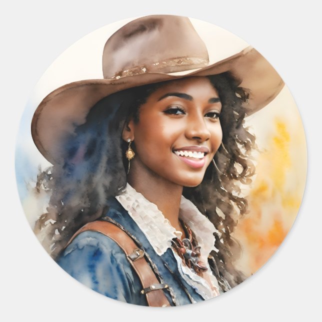 Black Cowgirl African American Western Woman Classic Round Sticker (Front)