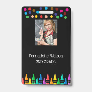 Black Crayons & Stars Colourful School Teacher ID Badge