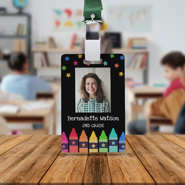 Black Crayons & Stars Colourful School Teacher ID ID Badge (Creator Uploaded)