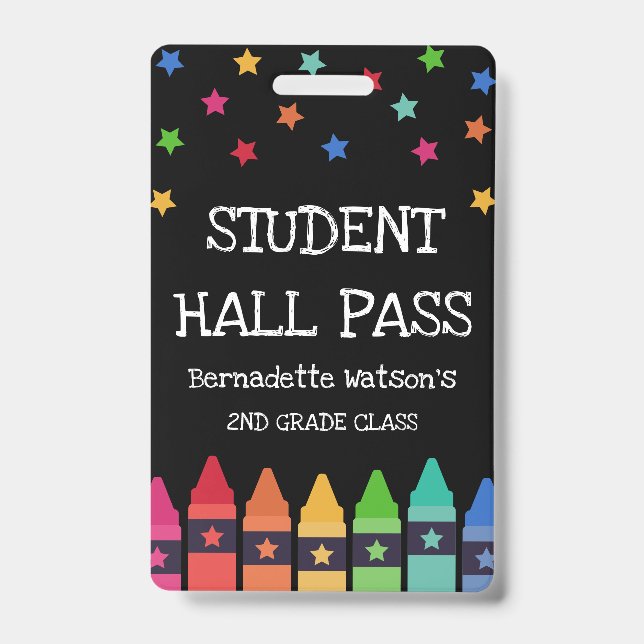 Black Crayons & Stars Colourful Student Hall Pass ID Badge (Front)