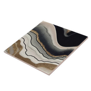 Black, Cream and Gold Geode Style Ceramic Tile. Tile
