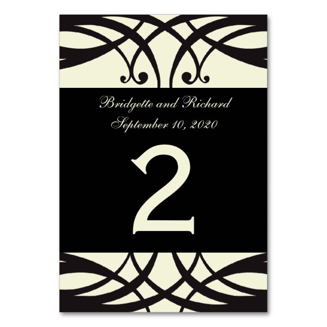 Black Cream Art Deco Wedding Table Number Cards (Front)