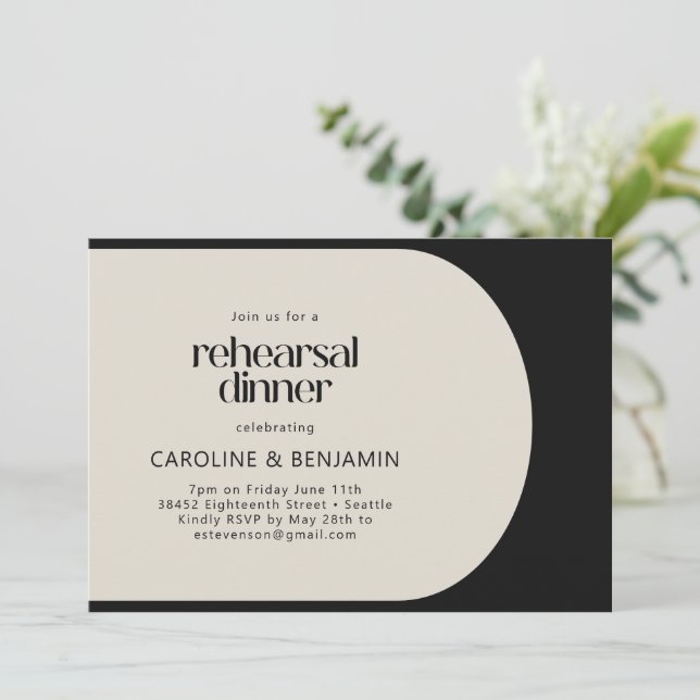 Black Cream Bold Arch Modern Rehearsal Dinner Invitation (Standing Front)