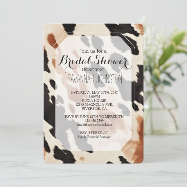 Black Cream Brown Cowhide Bridal Shower Invitation (Standing Front)