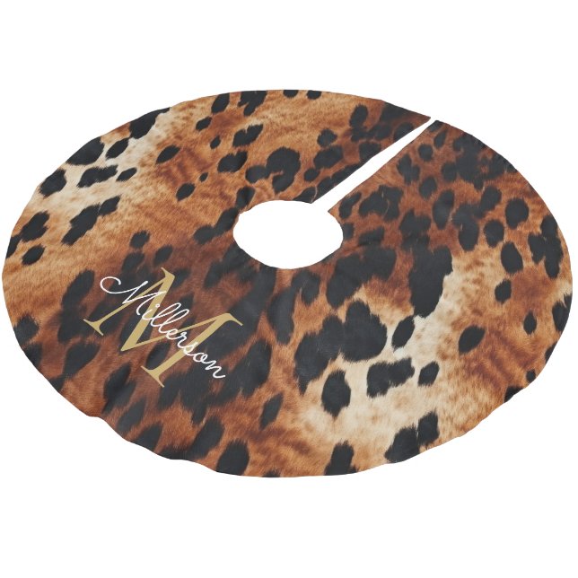 Black Cream Brown Cowhide Gold Monogram  Brushed Polyester Tree Skirt (Angled)