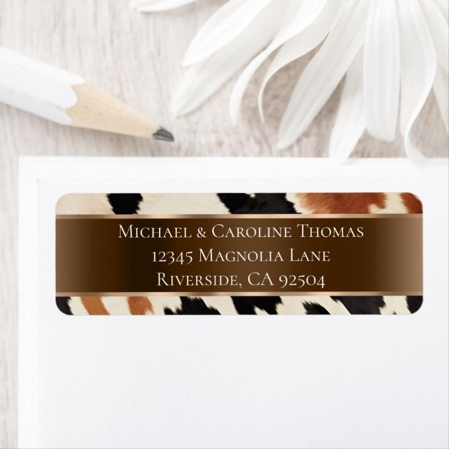 Black Cream Brown Cowhide Wedding Return Address Label (Insitu)