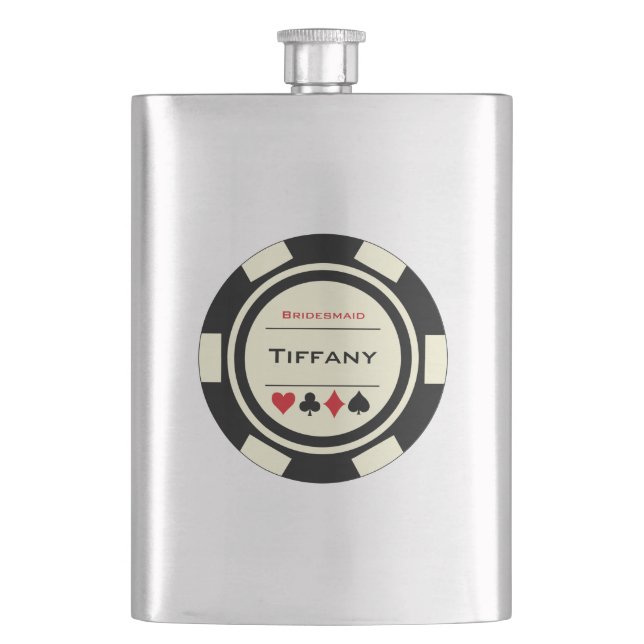 Black Cream Casino Poker Chip Wedding Bridesmaid Hip Flask (Front)