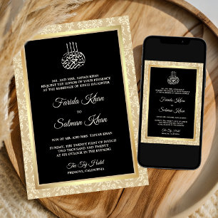 Black Cream Damask Islamic Muslim Wedding Invitation