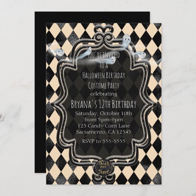 Black & Cream Diamond Halloween Party Invitation (Front/Back)
