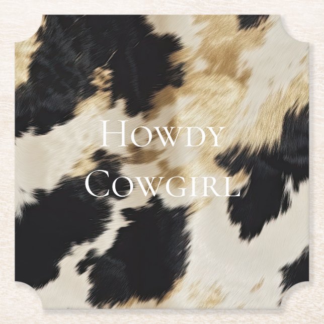 Black Cream Gold Western Cowhide Paper Coaster (Front)