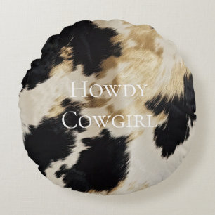 Black Cream Gold Western Cowhide Round Cushion