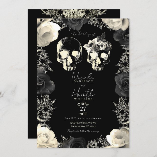Black Cream Grey Skeleton Skull Gothic Wedding    Invitation (Front/Back)