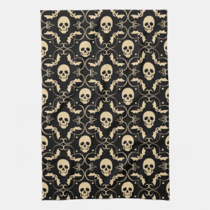 Black & Cream Halloween Skulls & Bats Tea Towel