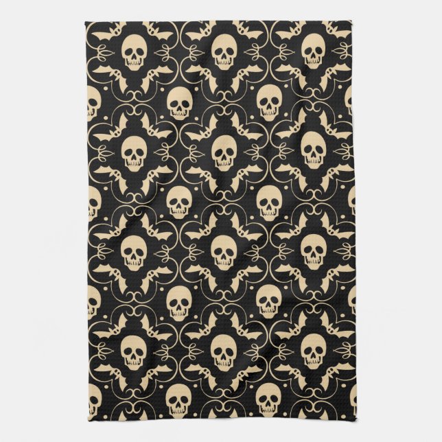 Black & Cream Halloween Skulls & Bats Tea Towel (Vertical)