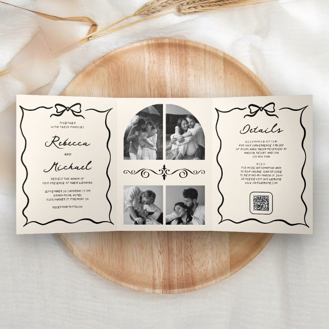 Black Cream Hand Drawn Bow QR Code Photo Wedding Tri-Fold Invitation (Creator Uploaded)