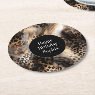 Black Cream Leopard Animal Birthday Round Paper Coaster