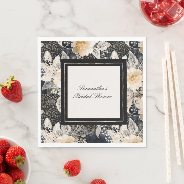 Black Cream Leopard Animal Floral Bridal Shower Napkin (Insitu)