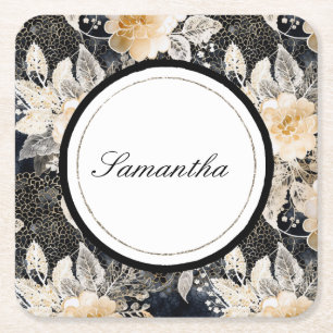 Black Cream Leopard Animal Floral   Square Paper Coaster