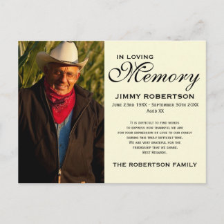 Black & Cream Memorial Family Acknowledgement Postcard