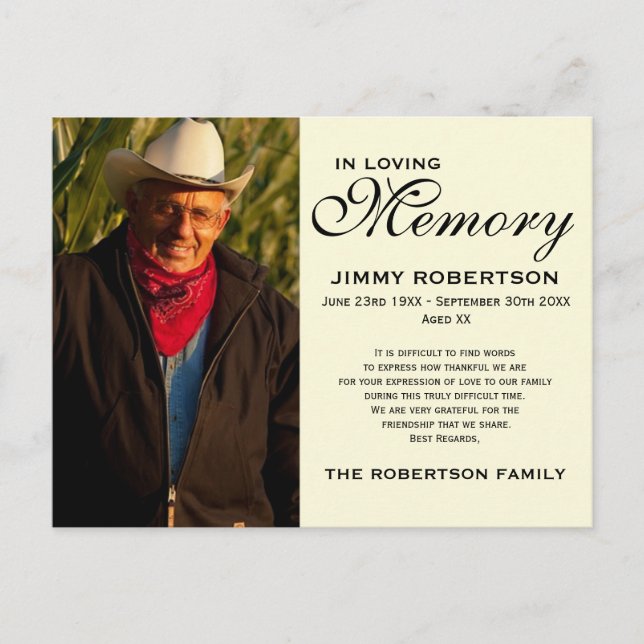 Black & Cream Memorial Family Acknowledgement Postcard (Front)